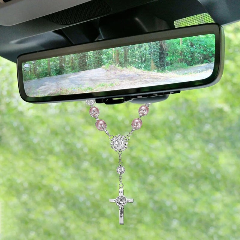 SHMZK Car Rosary for Rearview Mirror, Personalized Blessing Hanging Pendant for Car Rear View Mirror, Cross Rosary Ornament Interior Decor for Most Vehicles, Car Accessories (Pink) - Image 5